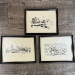 Set of 3 Black Framed Nautical and Logging Sketch Prints